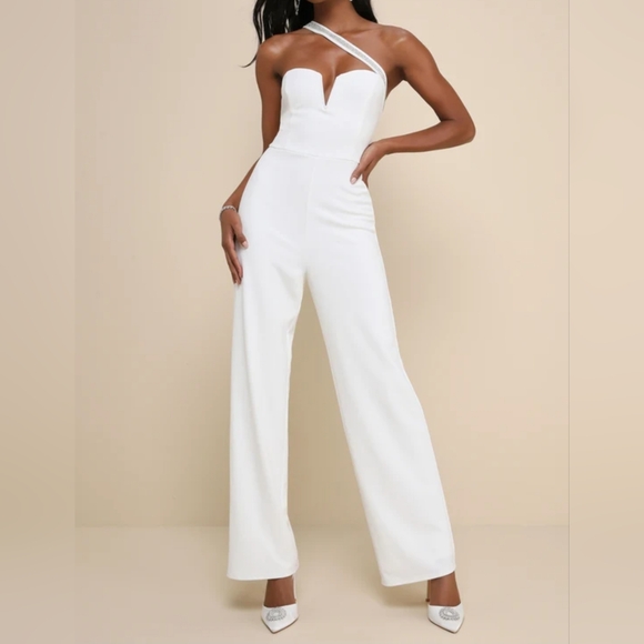 Lulus Sparkling Praise White Notched Rhinestone One-Shoulder Jumpsuit, Small - Picture 1 of 13